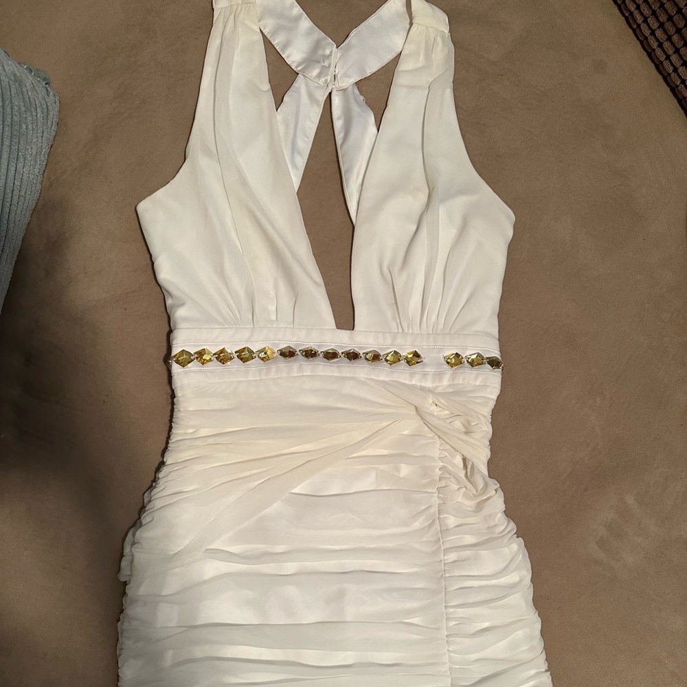 Bebe White Ruched Halter Bodycon Dress